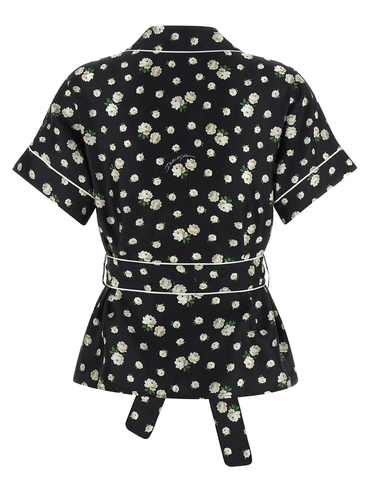 Robe noire courte manches avec motif floral blanc fin et passepoil blanc contrasté dolce gabbana soie