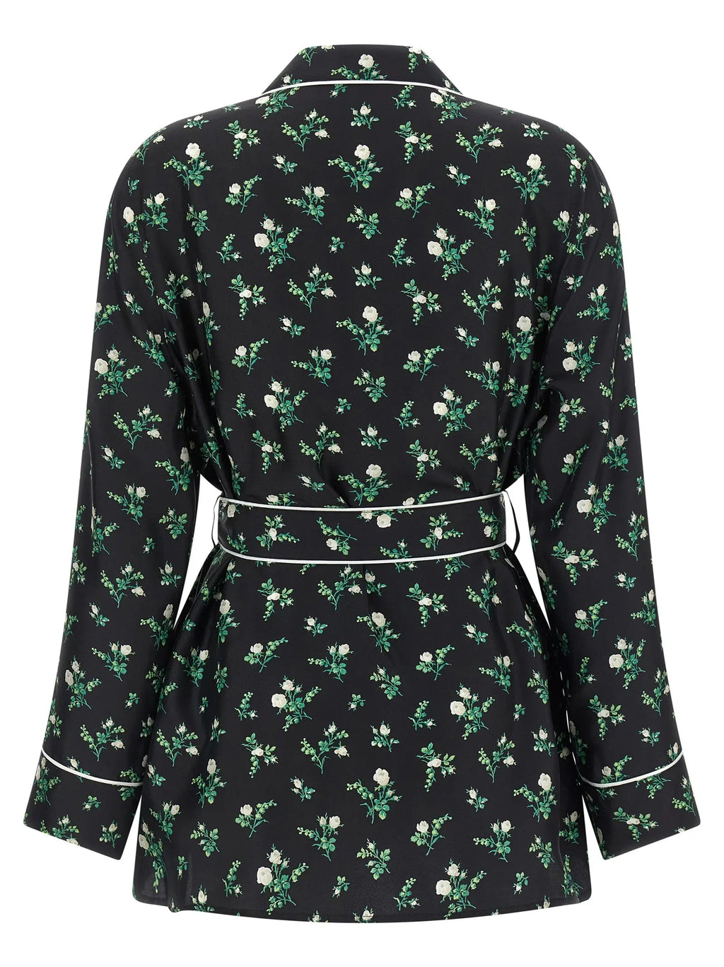 Robe en satin noir dolce & gabbana avec motif floral blanc et vert et contrastes blancs au col manches et taille