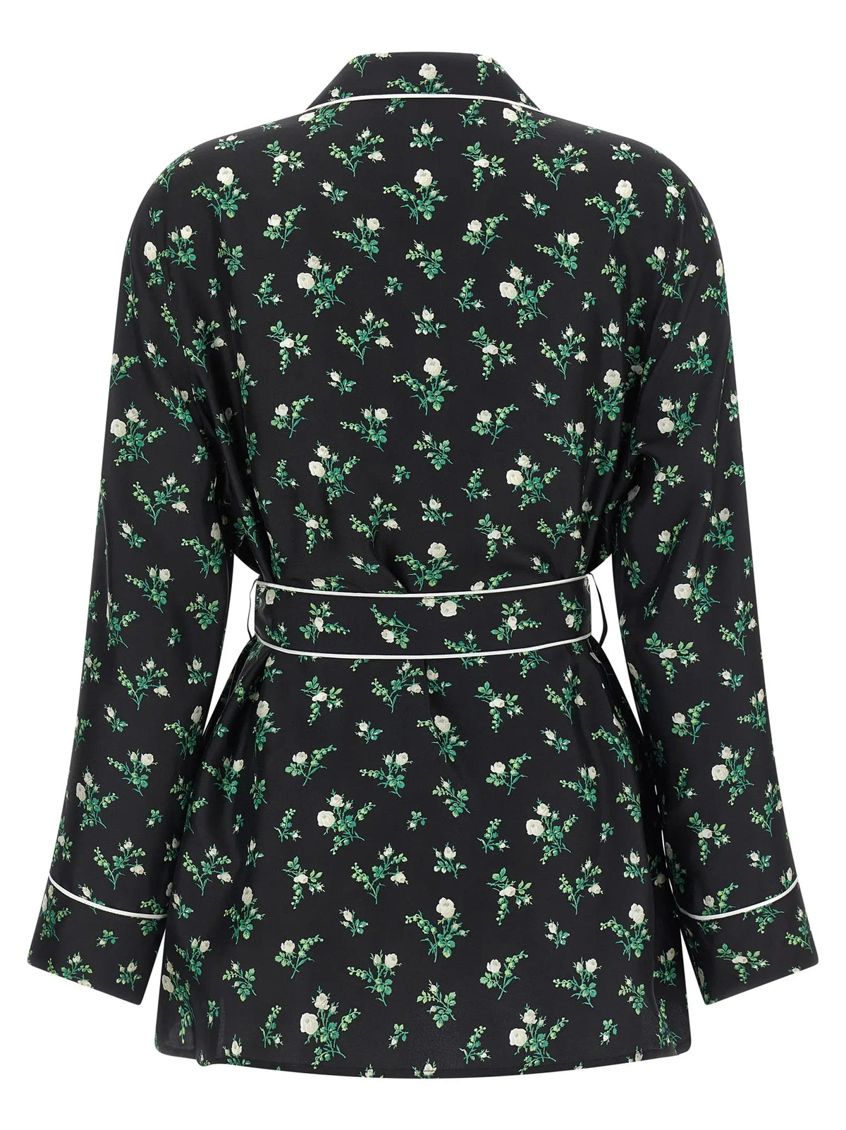 Robe en satin noir dolce & gabbana avec motif floral blanc et vert et contrastes blancs au col manches et taille