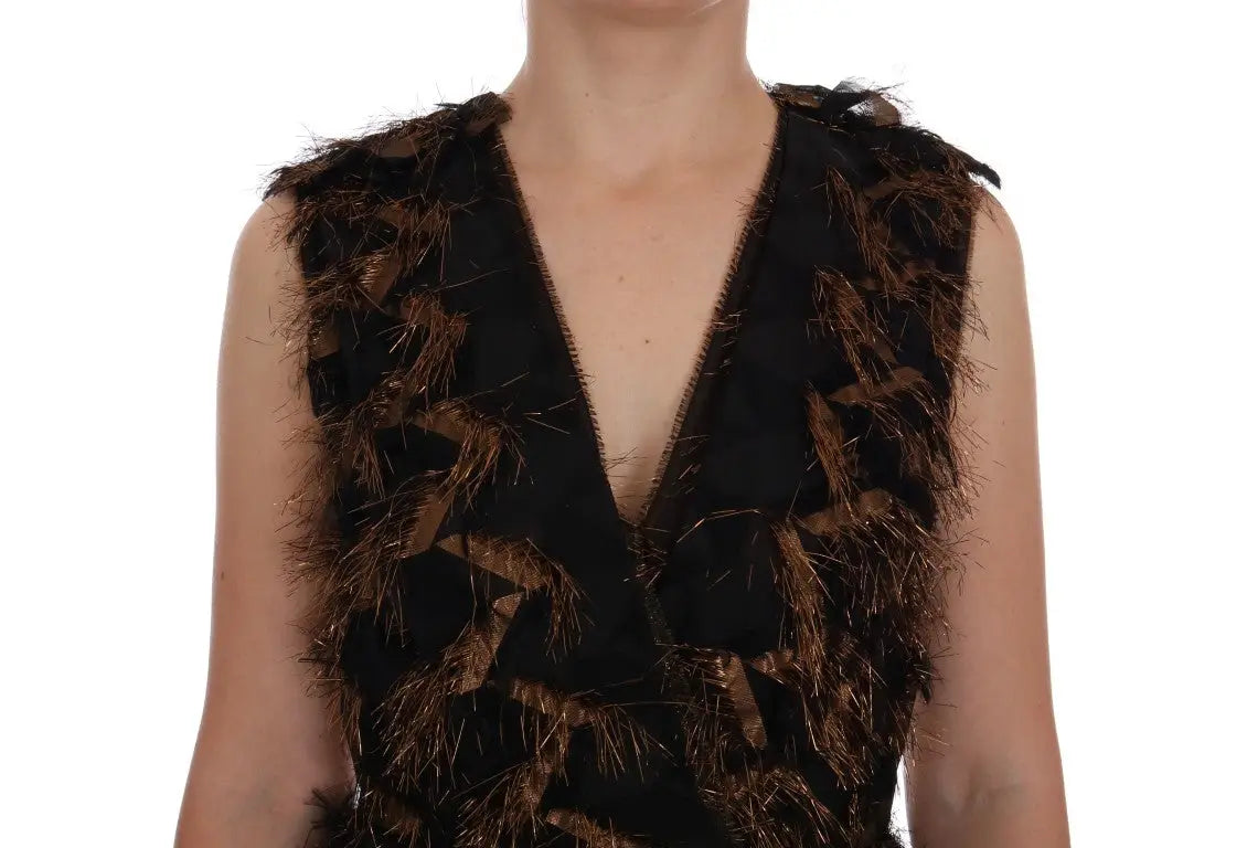 Gilet noir sans manches dolce gabbana en soie avec col en v profond et franges marron superposées en plumes
