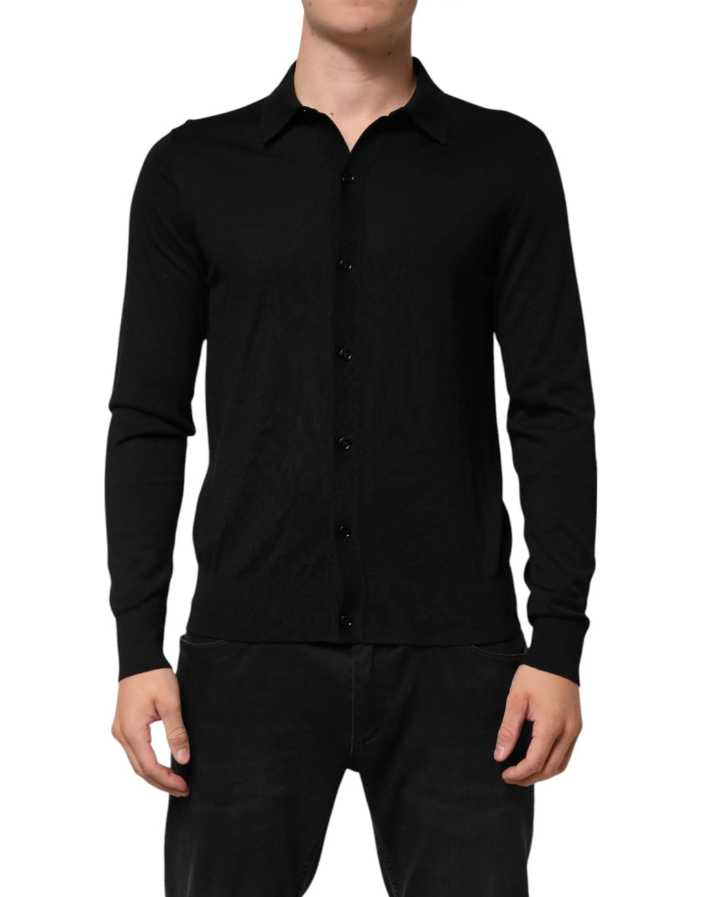 Chemise boutonnée noire dolce & gabbana en soie légère à col classique avec texture tricot subtile manches longues