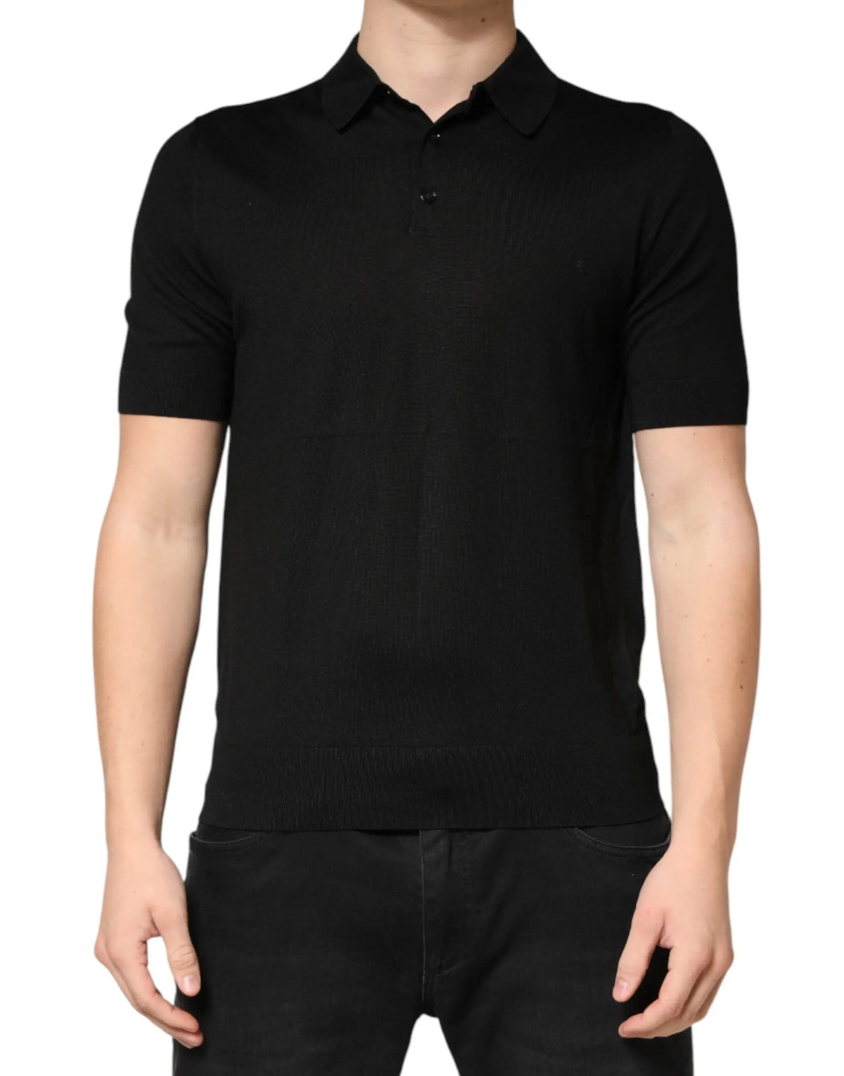 Polo noir en soie dolce & gabbana à manches courtes avec col classique et fermeture boutonnée devant