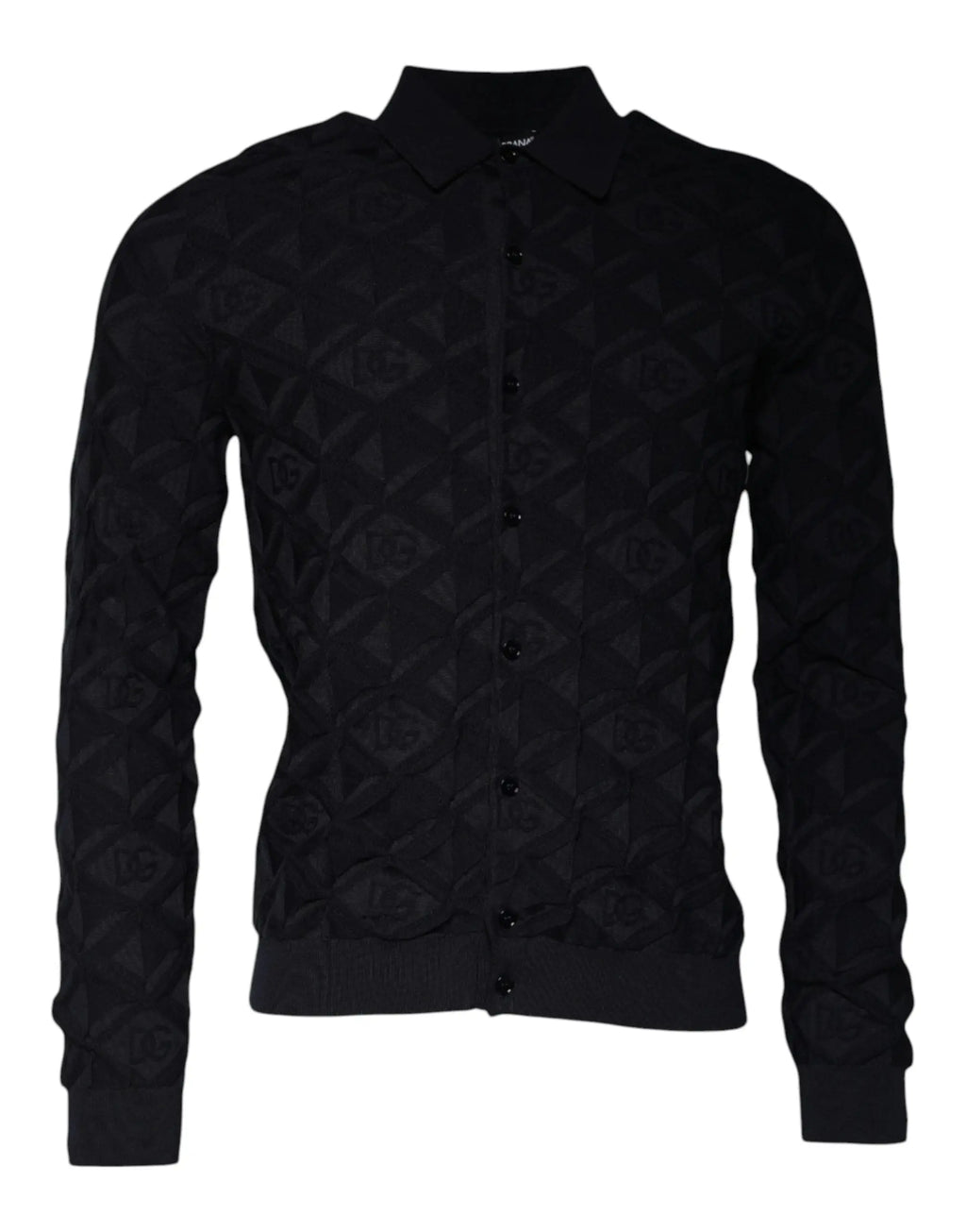 Cardigan noir dolce & gabbana en soie avec motif géométrique subtil et fermeture à boutons pour homme