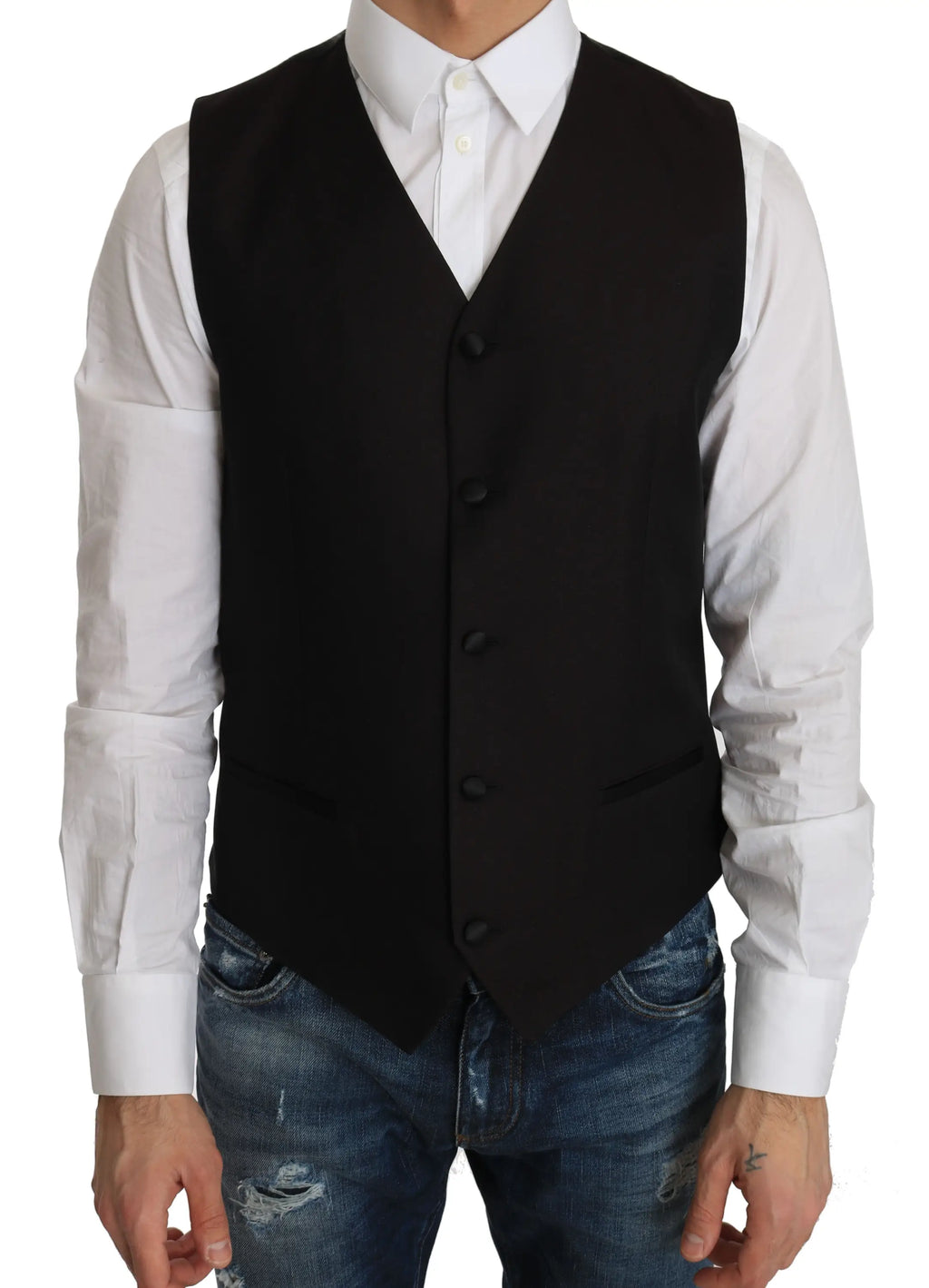 Dolce & gabbana black silk dress waistcoat with five dark buttons and classic v-neck in black wool
