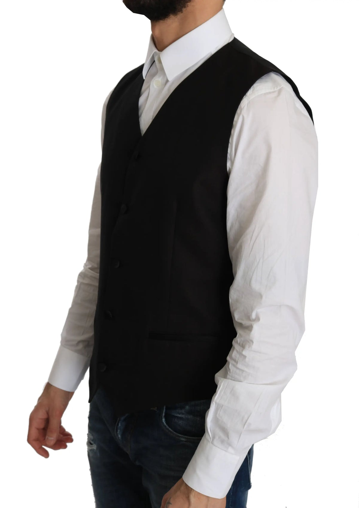 Dolce gabbana black silk dress waistcoat en laine noire avec col en v classique et fermeture à boutons