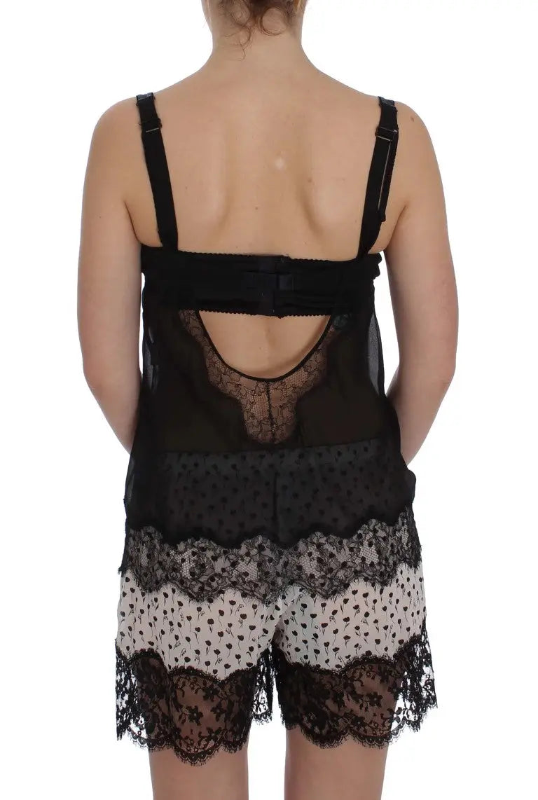 Dolce & gabbana top lingerie en soie noire à dentelle florale avec bretelles réglables motif pois et dentelle noire