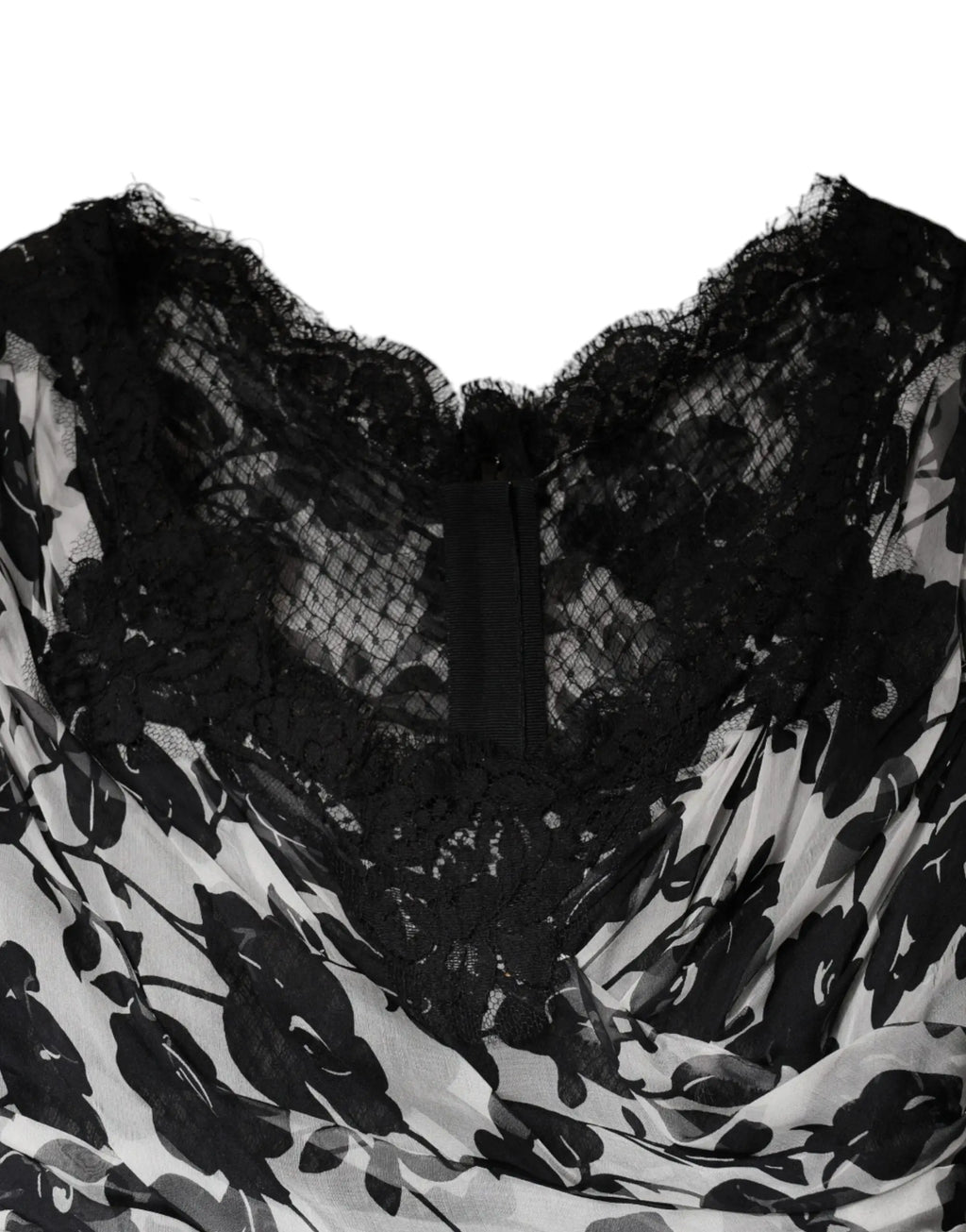 Robe maxi ball en soie noire dolce & gabbana avec imprimé floral noir et dentelle noire au col blanc