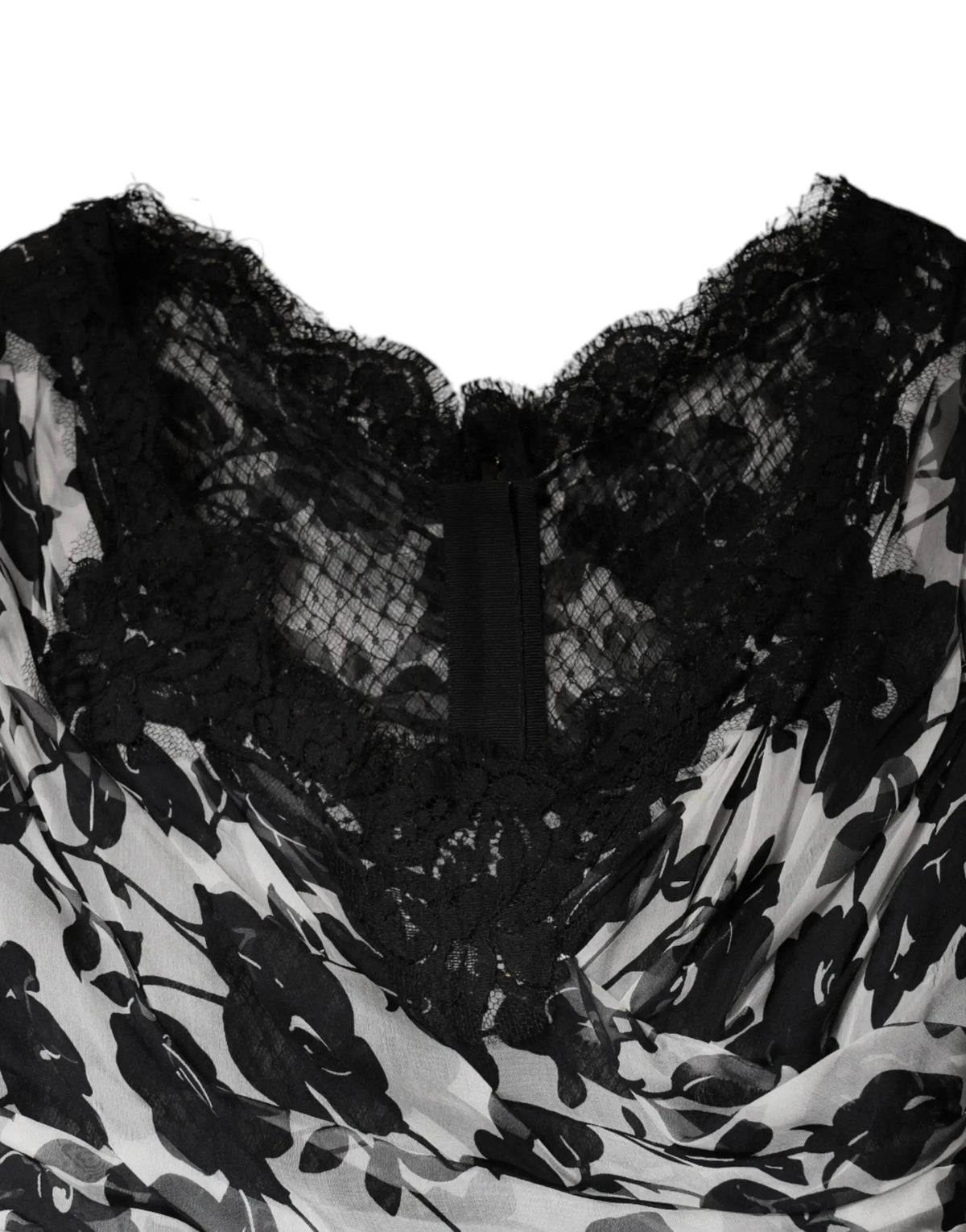 Robe maxi ball en soie noire dolce & gabbana avec imprimé floral noir et dentelle noire au col blanc