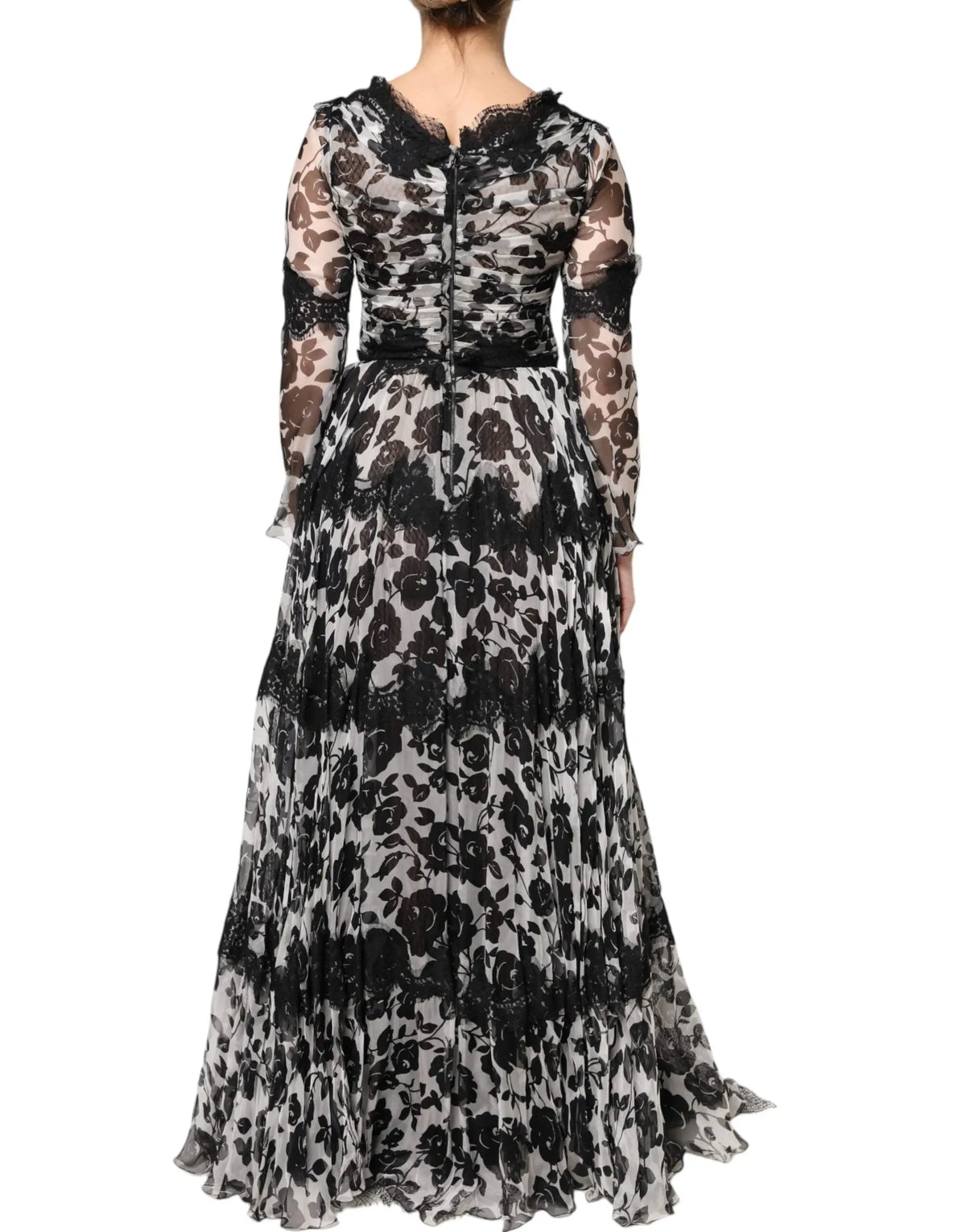Robe longue noire en soie dolce gabbana avec motifs floraux et dentelle transparente au col, manches et taille