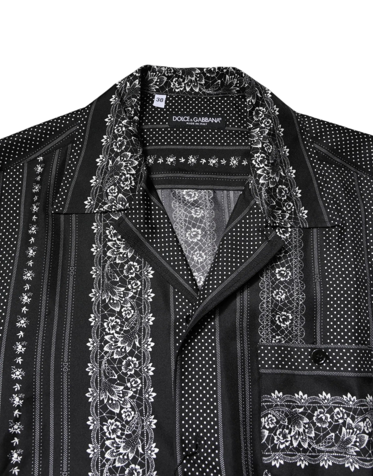 Chemise noire en soie dolce & gabbana à manches courtes avec broderies florales blanches et dentelle