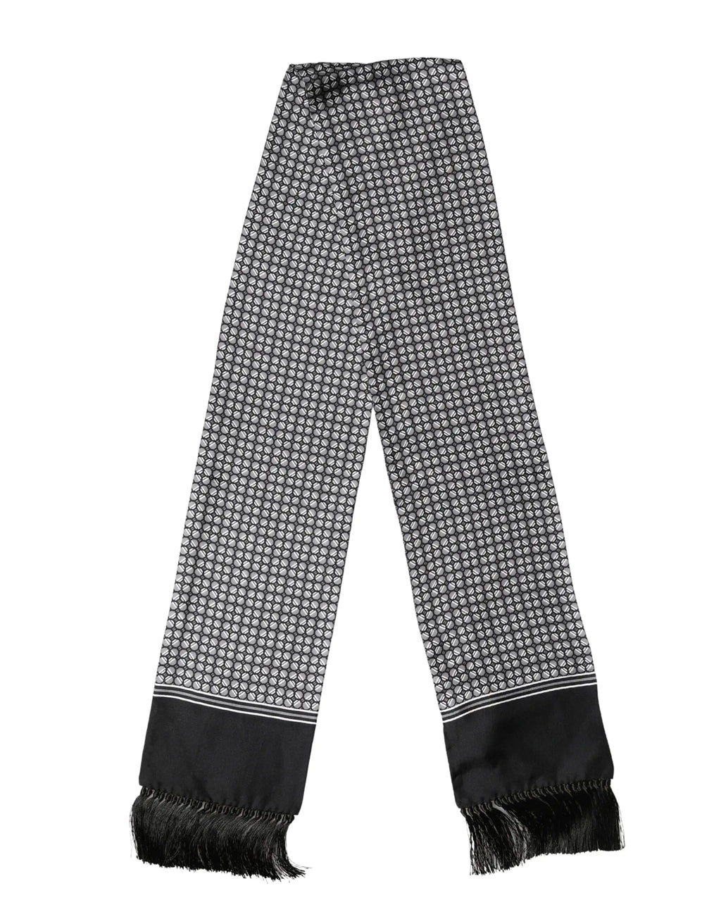 Écharpe dolce & gabbana en soie noire à motif géométrique gris avec franges de 140cm x 15cm