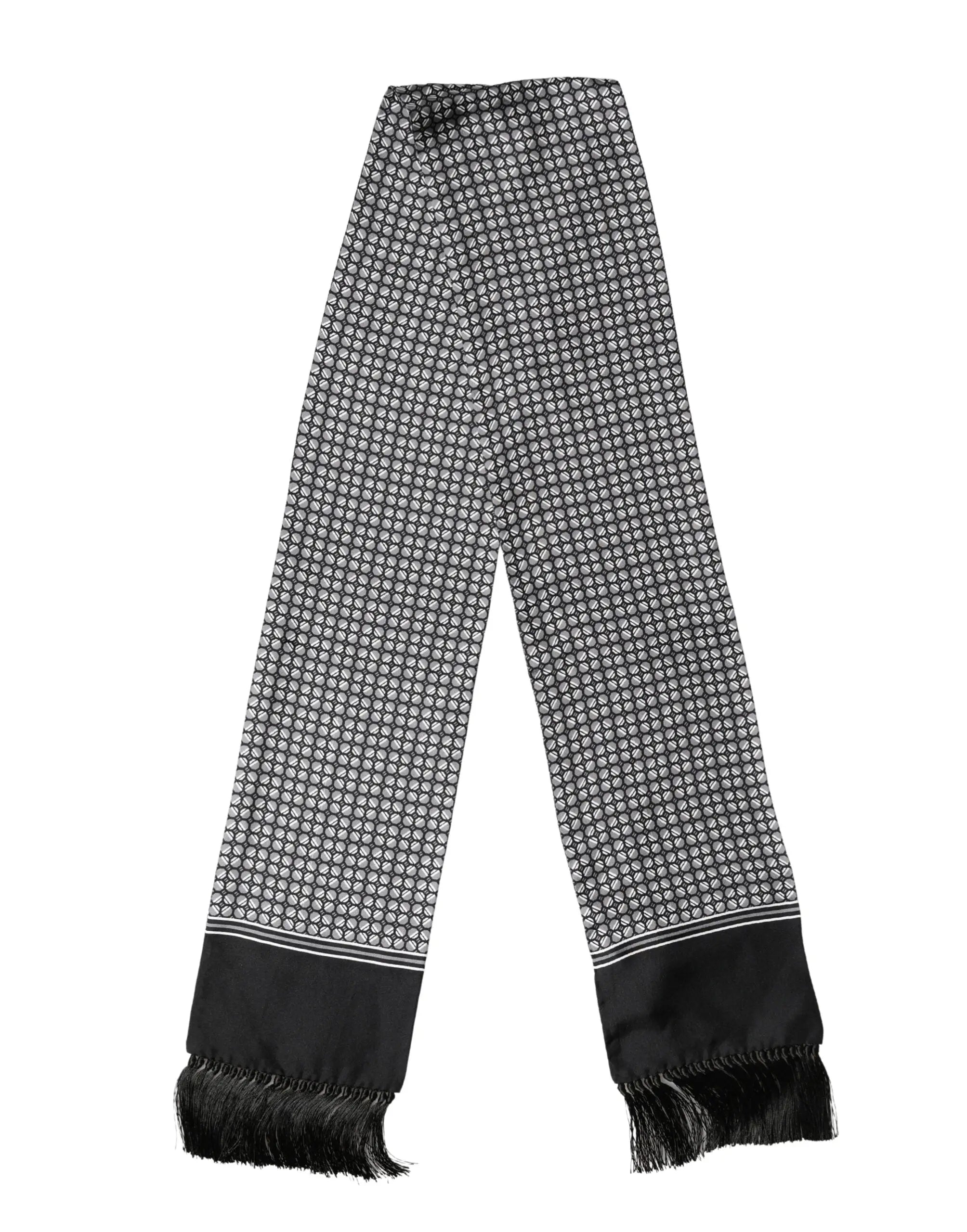Écharpe foulard en soie noire et grise dolce & gabbana avec motif géométrique et franges aux extrémités
