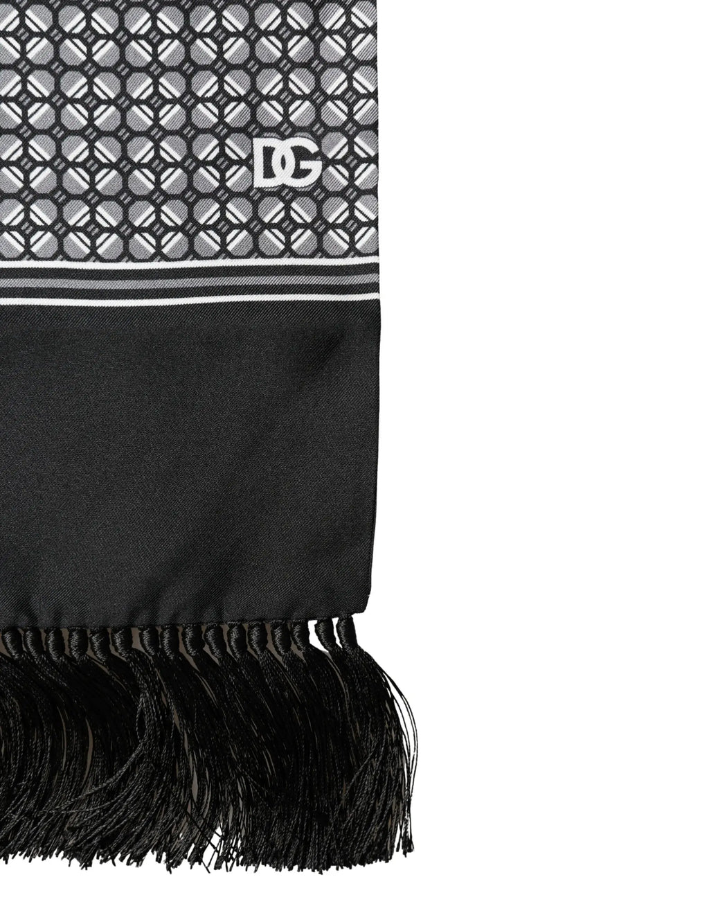 Écharpe foulard dolce & gabbana noire en soie avec motif géométrique et bordure à franges 140cm x 15cm