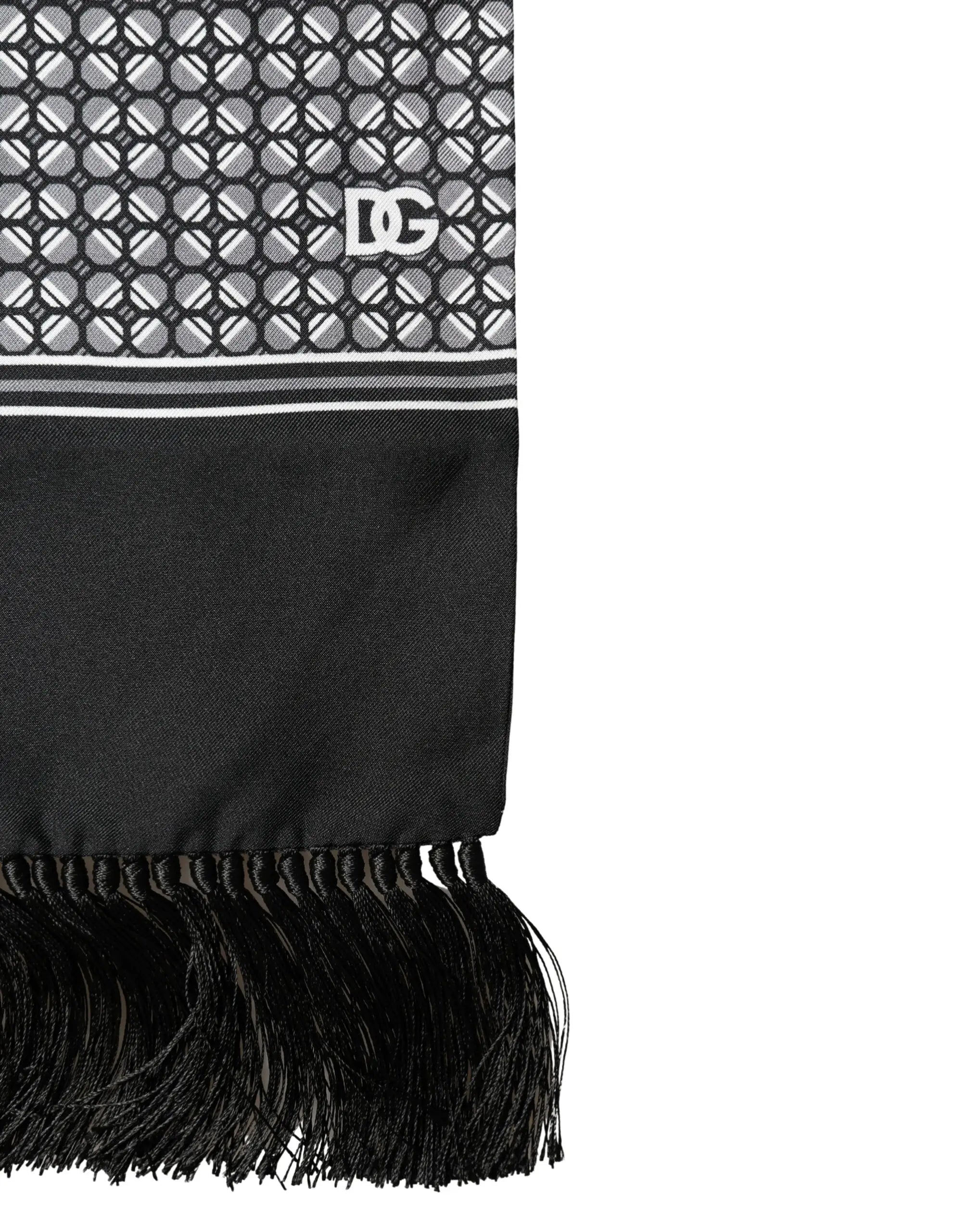 Écharpe foulard dolce & gabbana noire en soie avec motif géométrique et bordure à franges 140cm x 15cm