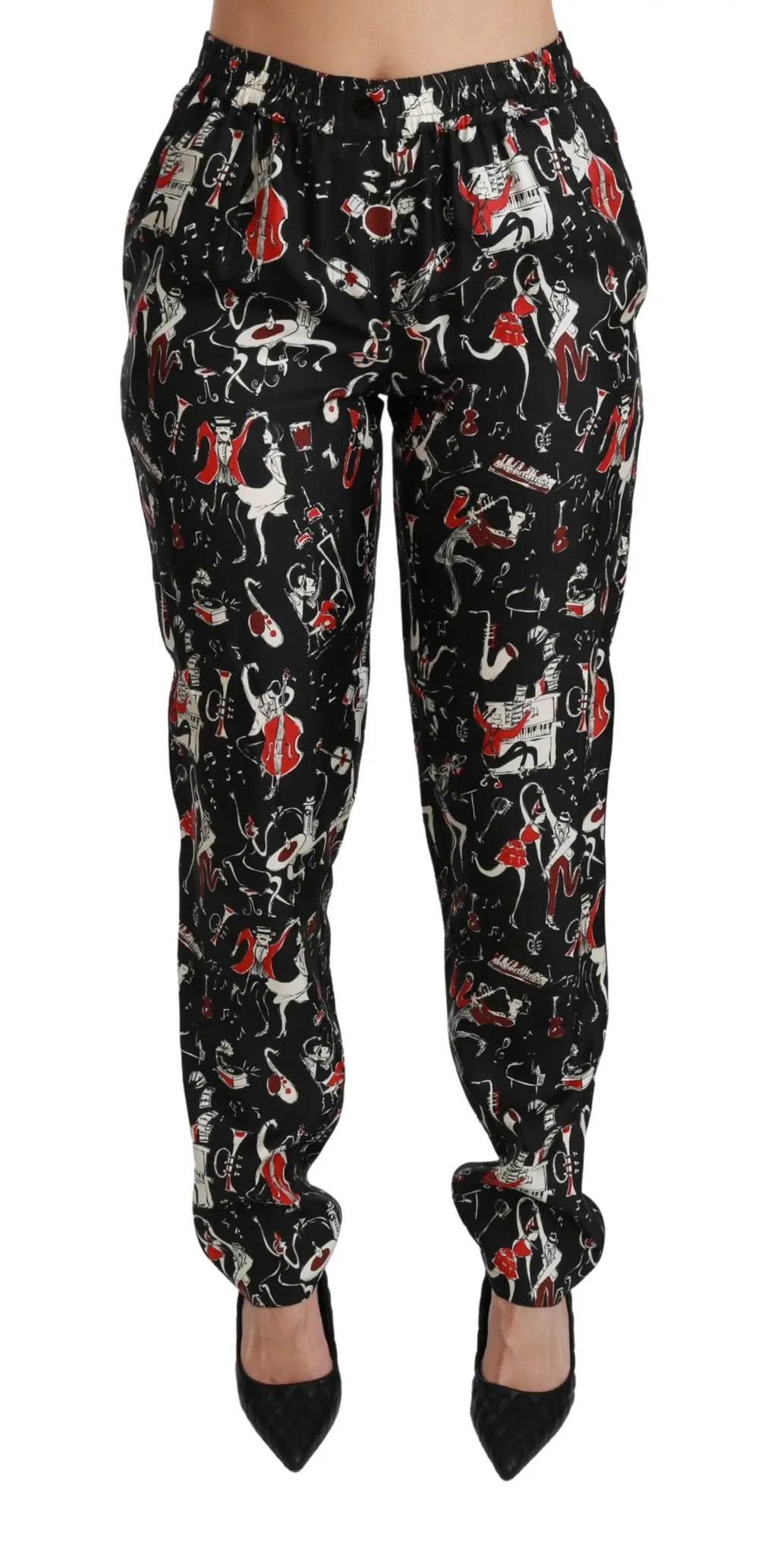 Pantalon jogger dolce & gabbana en soie noire avec imprimé vibrant d’instruments de musique rouges et blancs