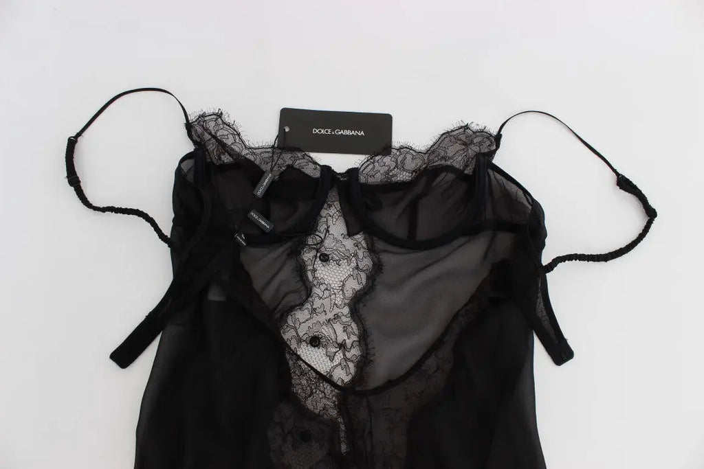 Dolce & Gabbana top lingerie babydoll en dentelle noire avec panneaux en tulle et broderie florale délicate