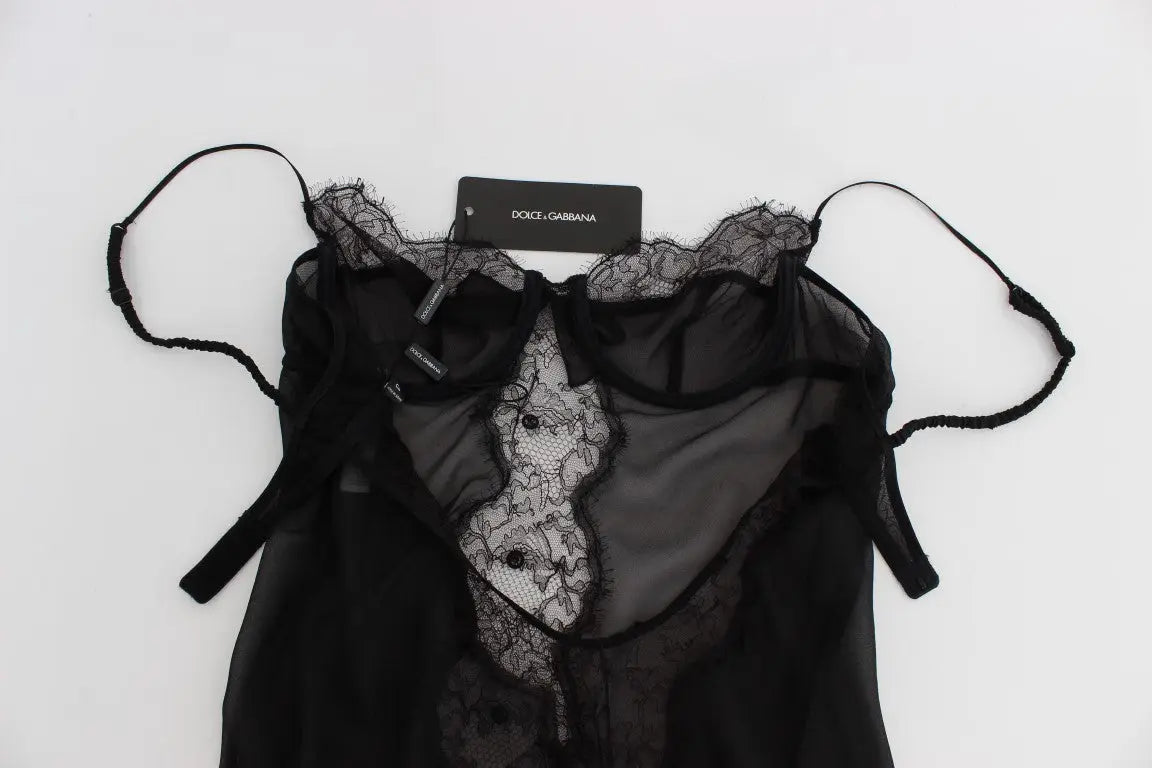 Dolce & Gabbana top lingerie babydoll en dentelle noire avec panneaux en tulle et broderie florale délicate