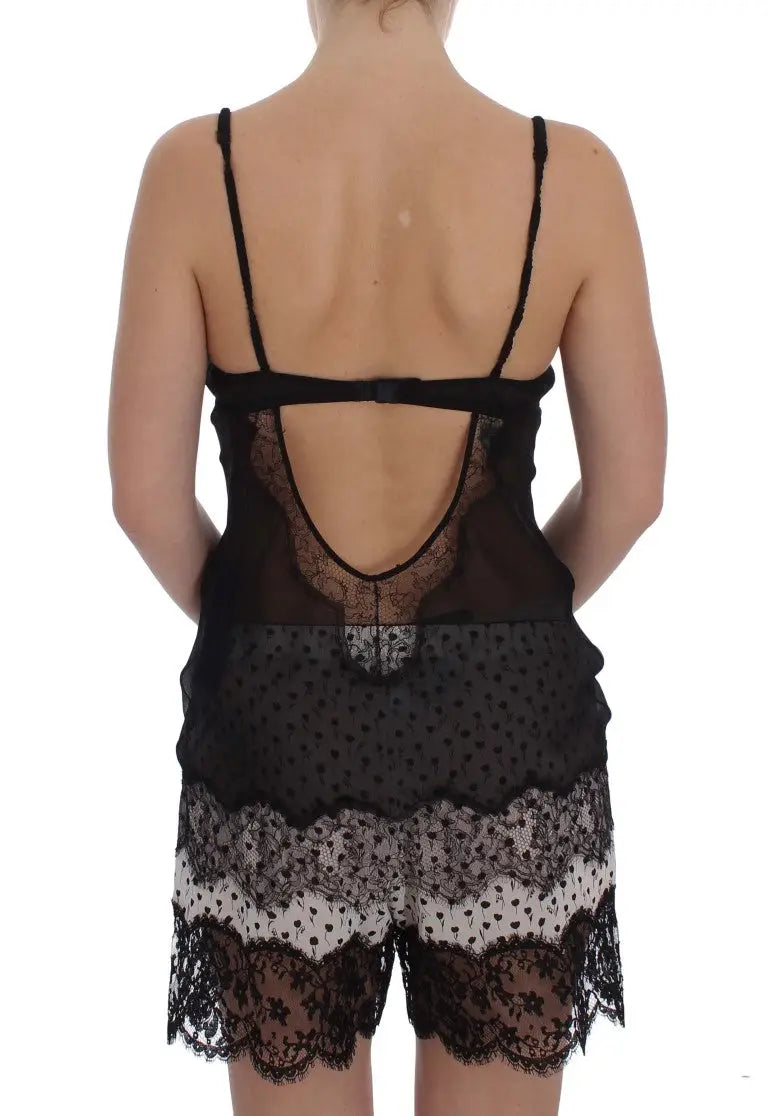 Dolce & gabbana black silk lace babydoll lingerie top avec panneaux en mesh transparents et ourlet à pois