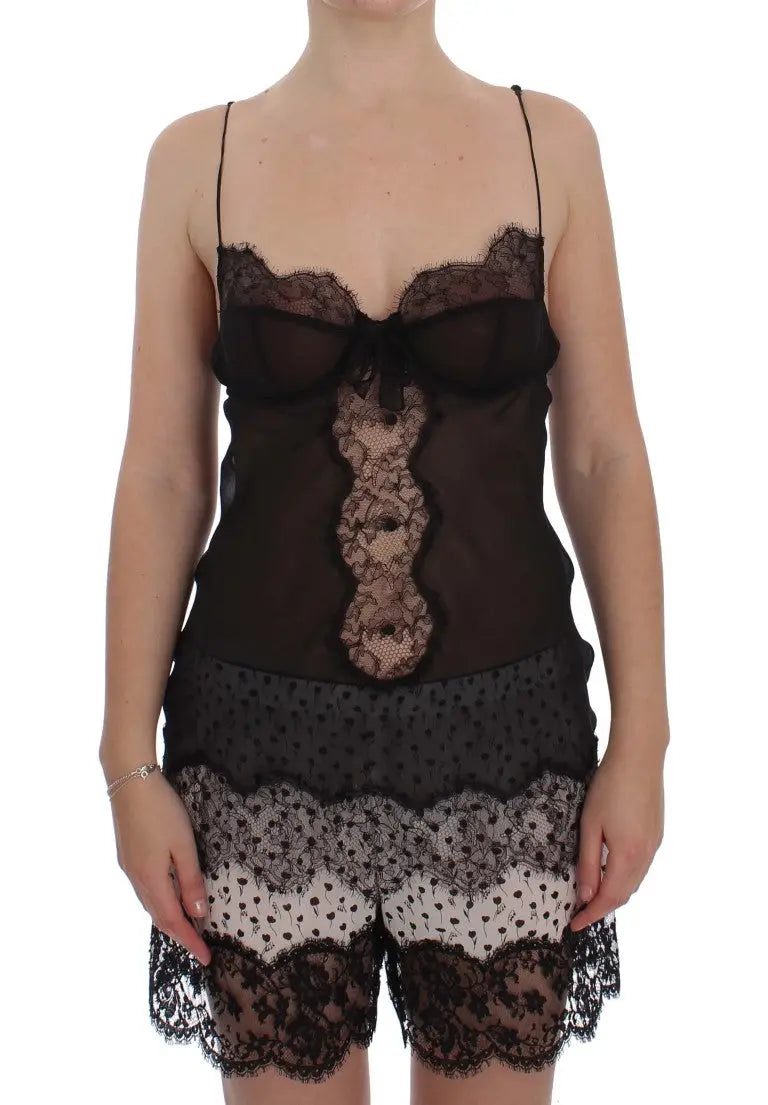 Dolce & gabbana black silk lace babydoll lingerie top with sheer mesh bodice and floral appliqué detailing