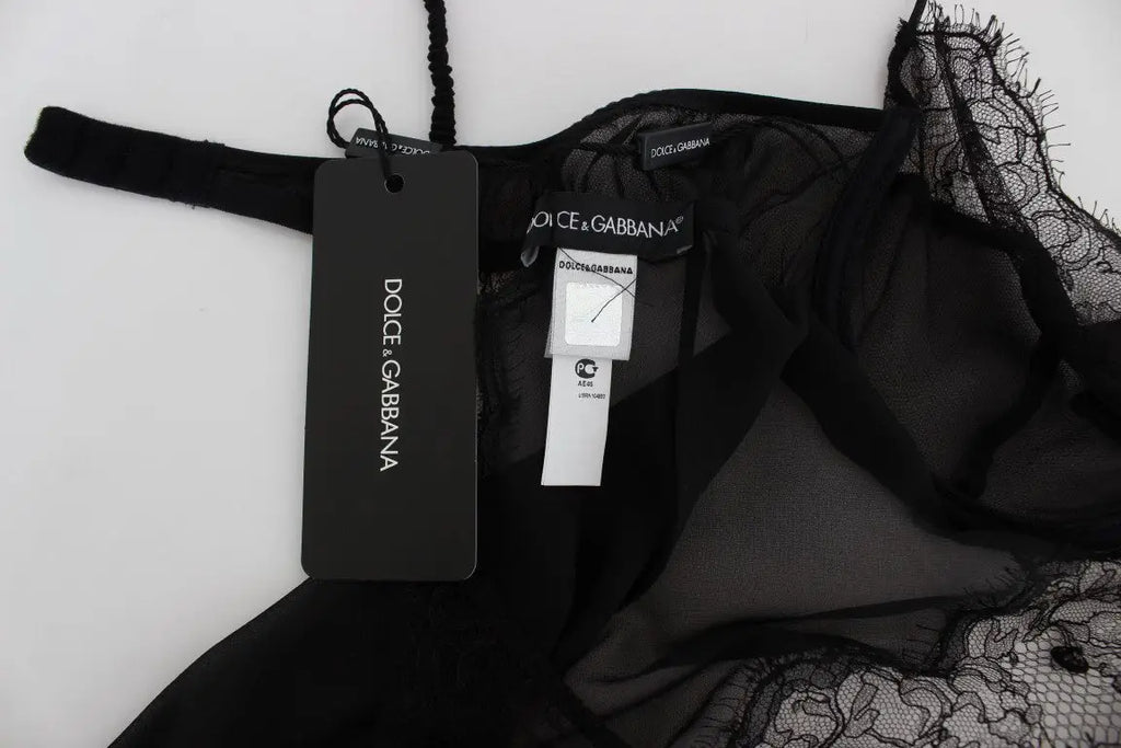 Dolce & gabbana black silk lace babydoll lingerie top en dentelle noire avec tissu transparent délicat et motifs floraux détaillés