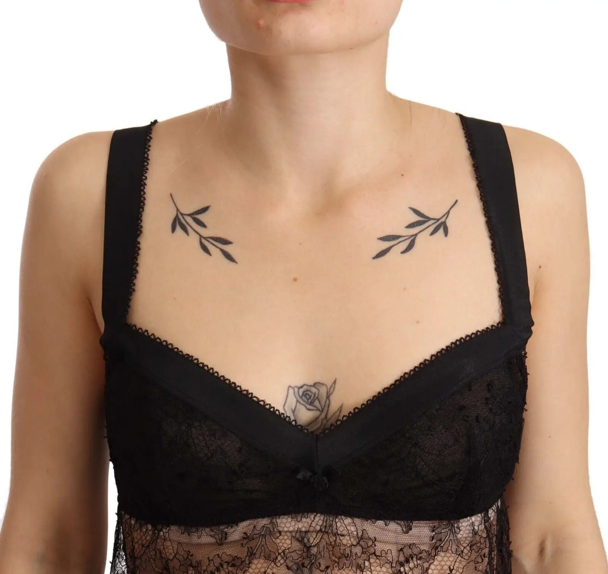 Dolce gabbana black silk lace babydoll nylon lingerie top with black lace bra and delicate leaf tattoos on collarbone