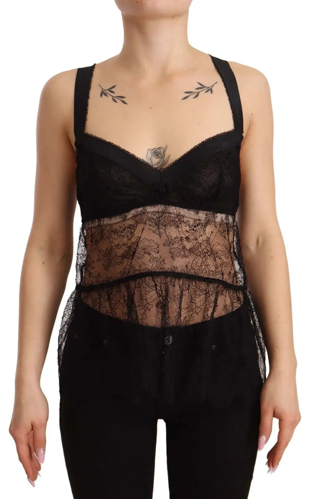 Dolce & gabbana body noir en dentelle de soie avec motifs floraux délicats et fines bretelles en nylon