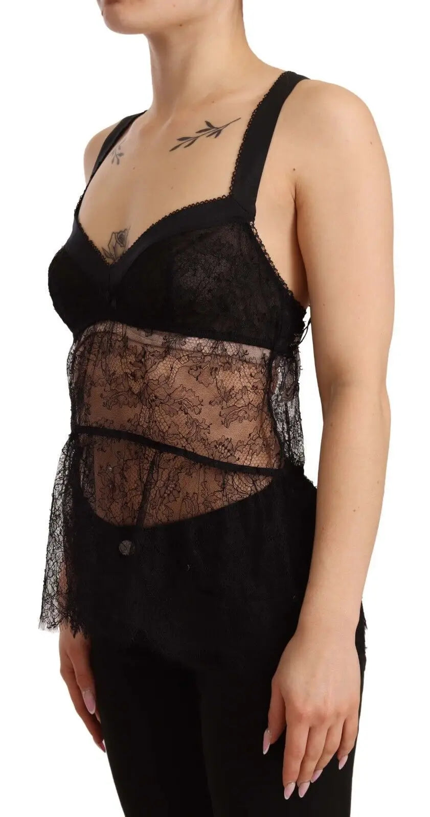 Dolce & gabbana black silk lace babydoll lingerie top with delicate floral patterns and thin straps