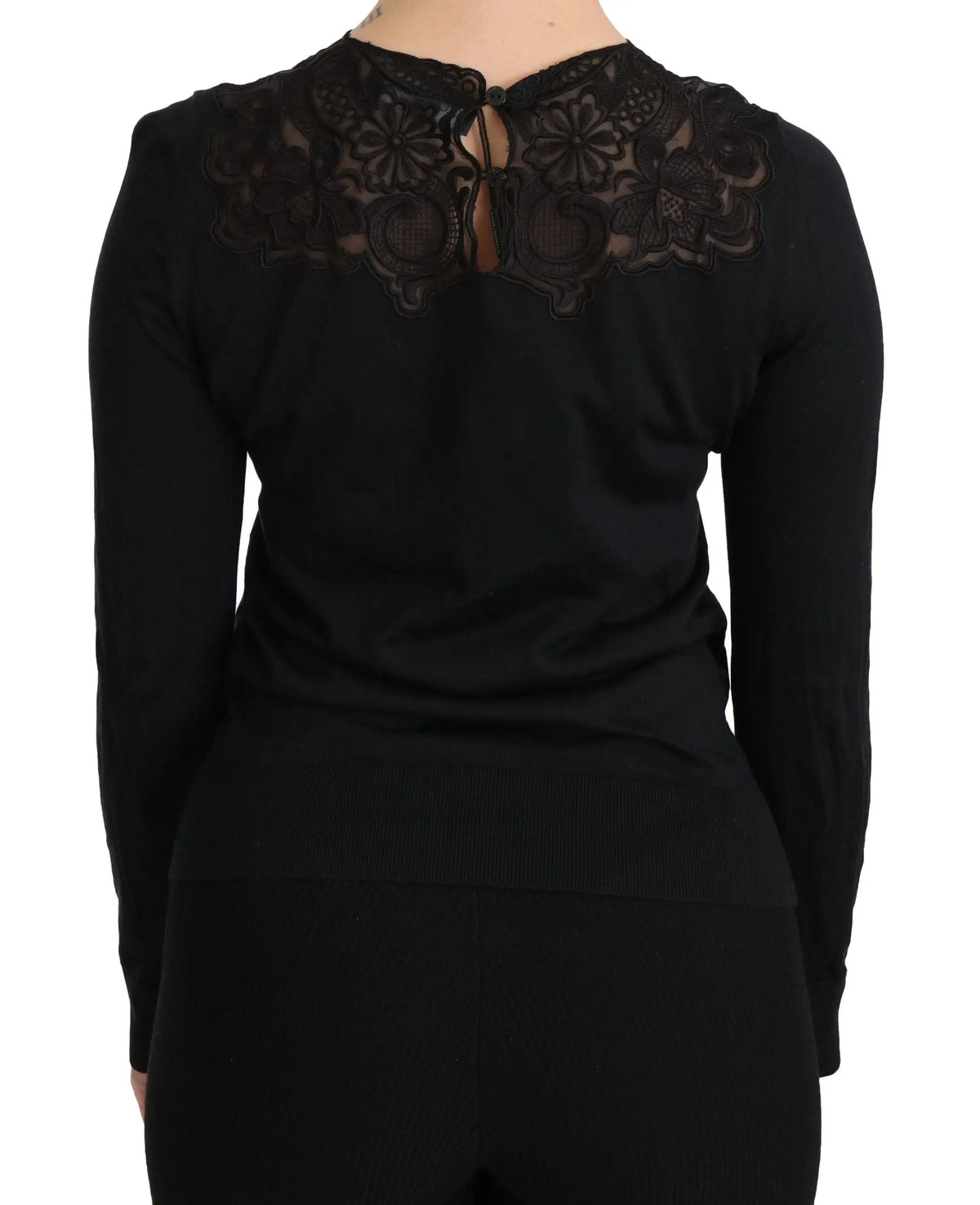 Vue du dos d’un haut en tricot noir dolce & gabbana avec détails en dentelle florale en soie au col ras du cou manches longues