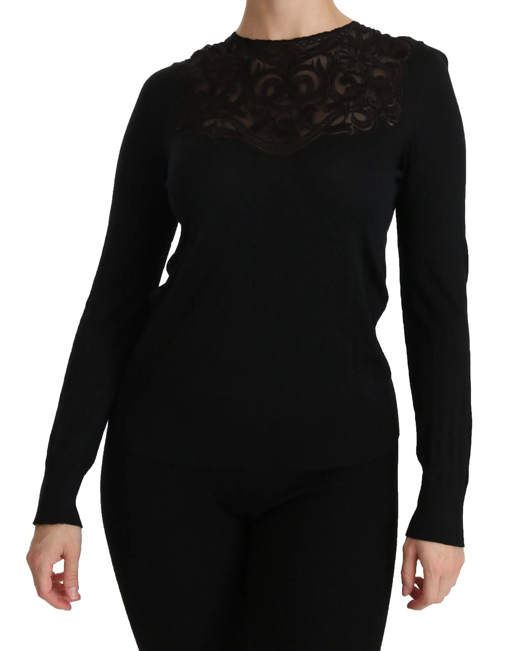 Pull noir à manches longues dolce & gabbana en soie avec dentelle détaillée aux épaules et encolure