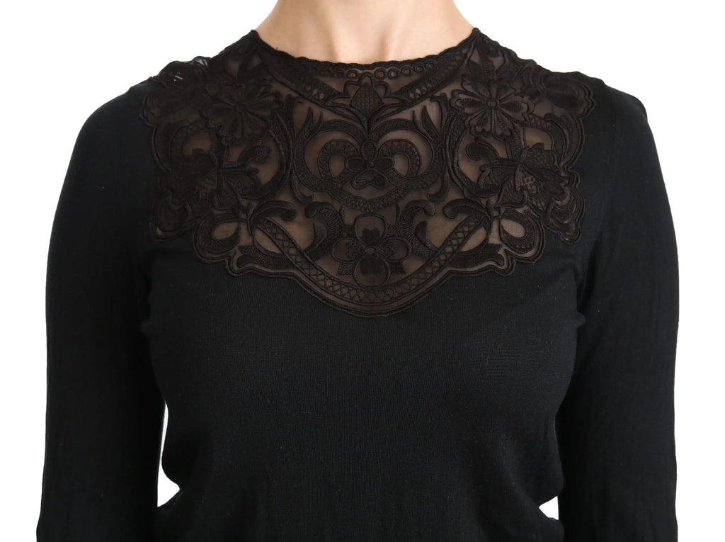 Blouse noire dolce & gabbana en soie avec manches longues et dentelle florale et arabesques au niveau de la poitrine