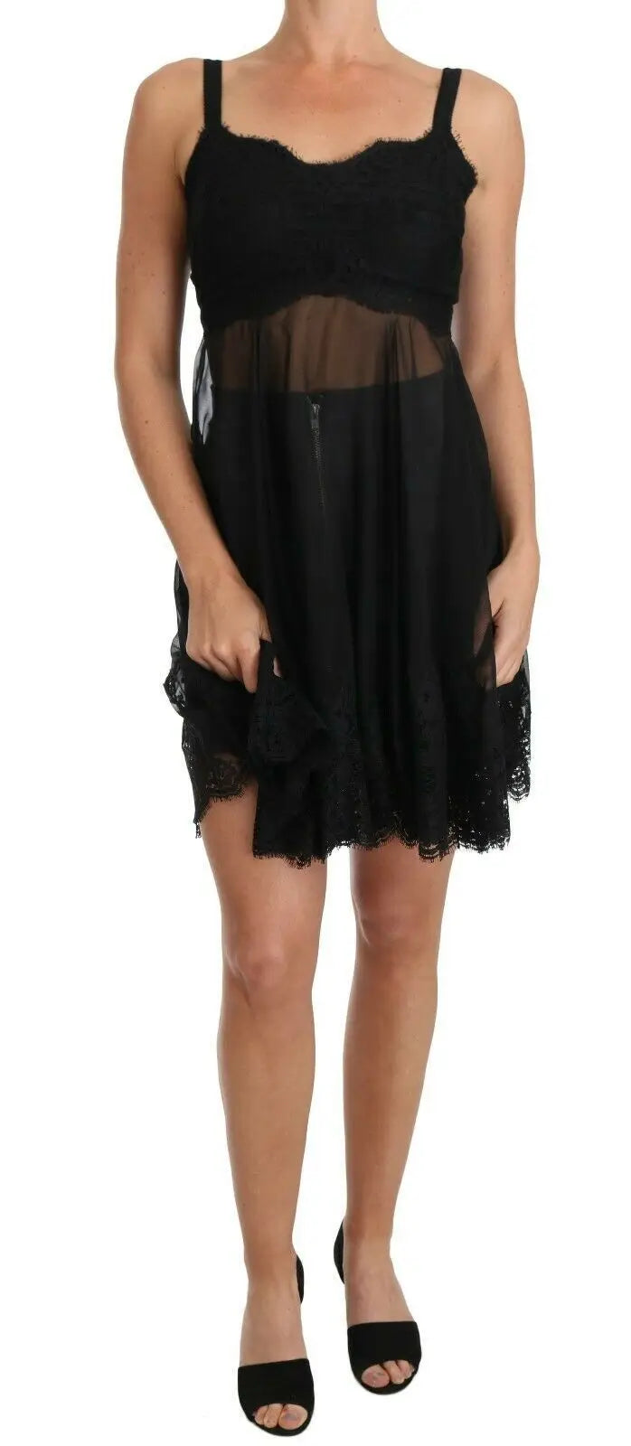 Robe Dolce & Gabbana noire en soie avec dentelle, panneau en mesh transparent et ourlet volanté