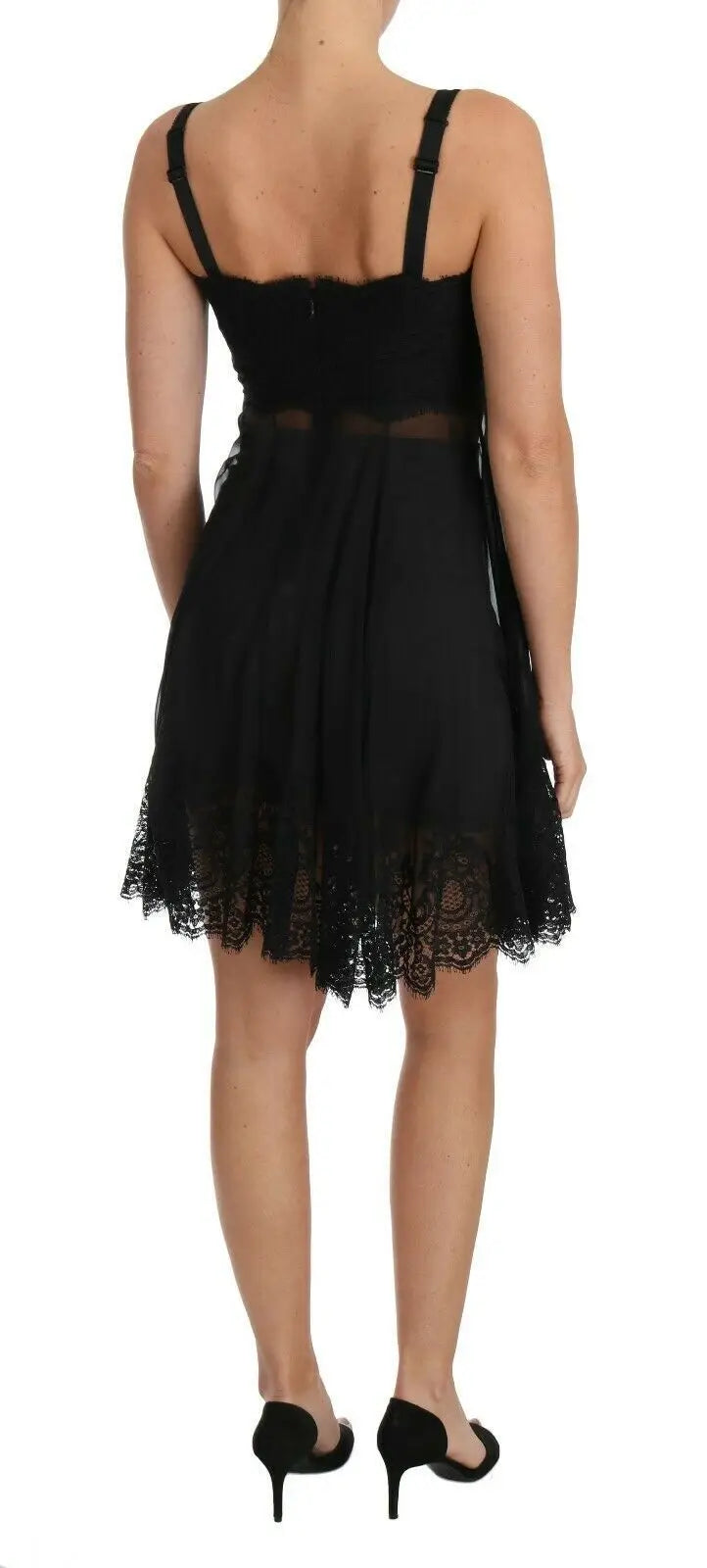 Robe mini noire en dentelle de soie dolce & gabbana avec fines bretelles et jupe évasée chemise lingerie