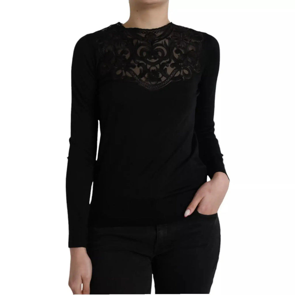 Blouse dolce & gabbana noire en soie avec manches longues et dentelle raffinée sur la poitrine