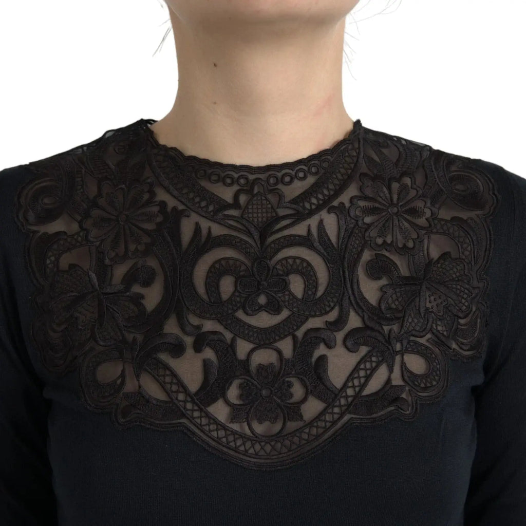 Dolce & gabbana blouse noire en soie et dentelle avec manches longues et broderie florale et arabesques au col