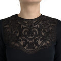 Dolce & gabbana blouse noire en soie et dentelle avec manches longues et broderie florale et arabesques au col