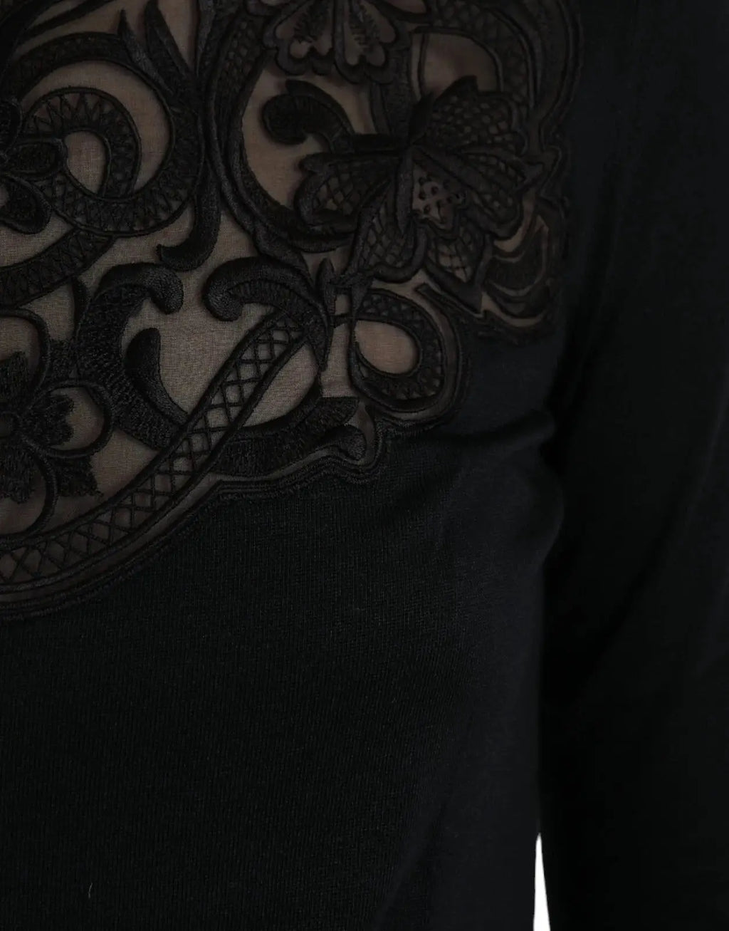 Blouse à manches longues dolce & gabbana en soie noire avec appliqué en dentelle noire florale et motifs en arabesque