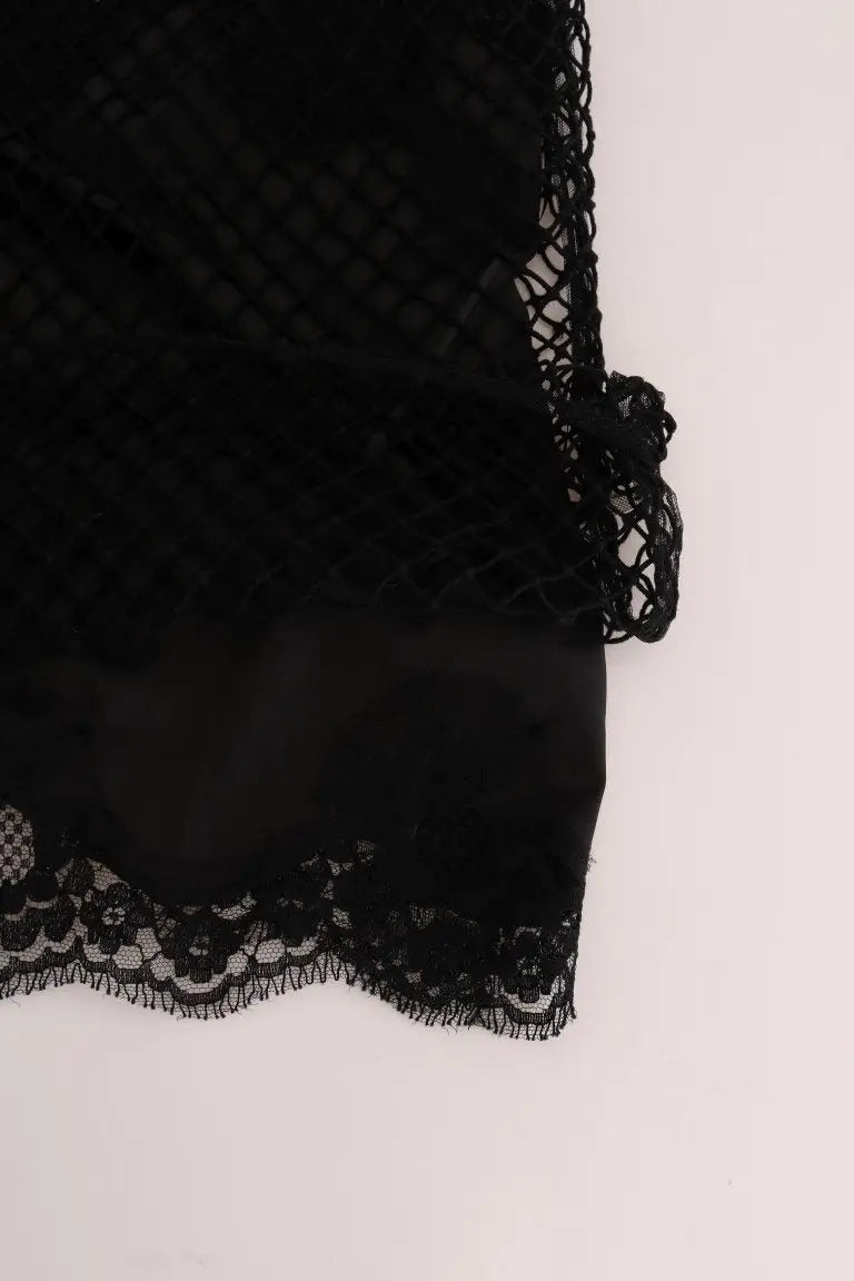 Dolce & gabbana top en soie noir avec dentelle florale en mesh transparent et doublure en satin