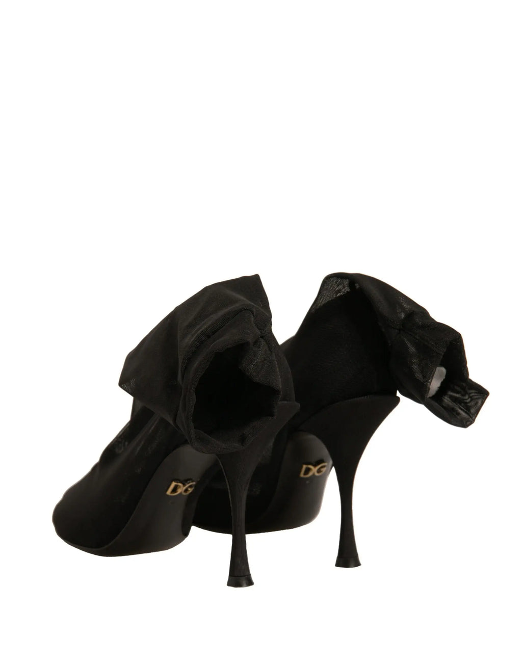 Dolce & gabbana escarpins noirs en satin avec détail de volants dramatiques à la cheville style chaussette en maille