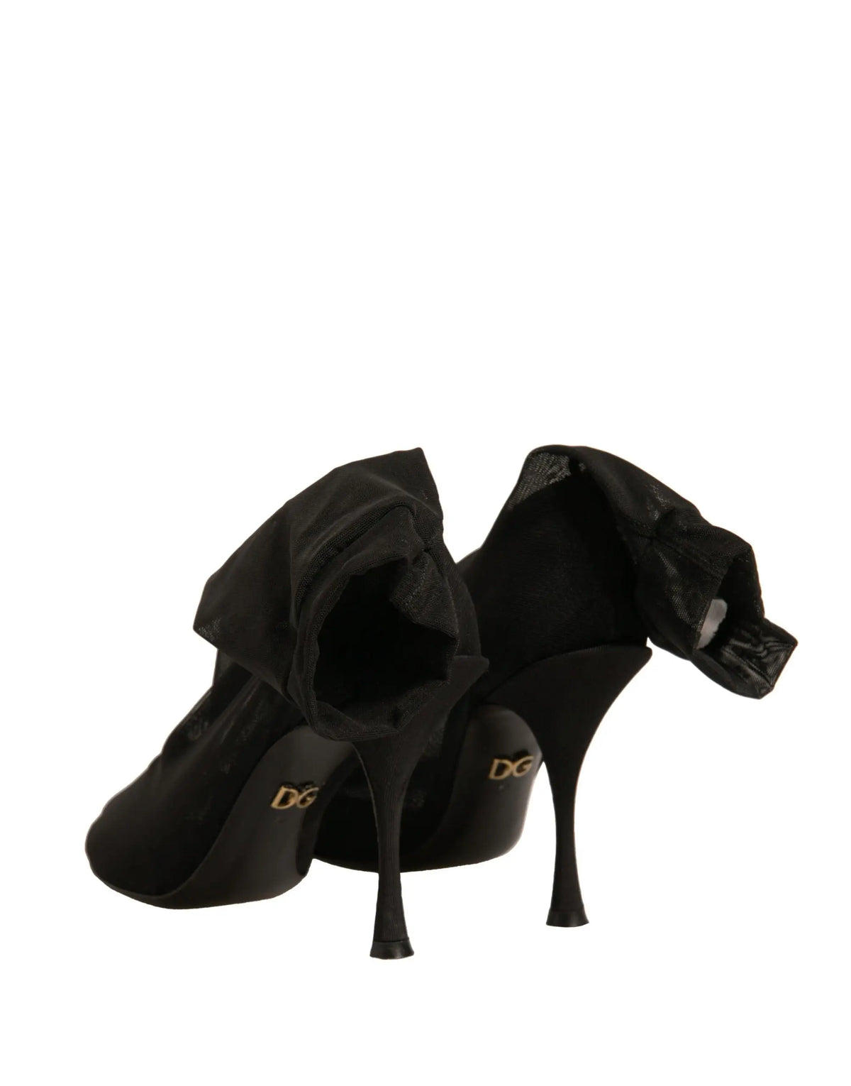 Dolce & gabbana escarpins noirs en satin avec détail de volants dramatiques à la cheville style chaussette en maille