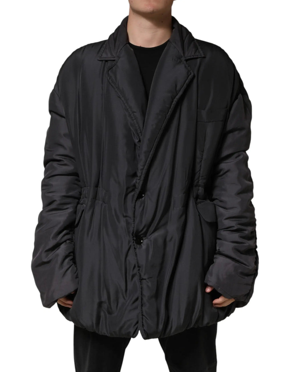 Dolce & gabbana manteau parka homme en soie noir matelassé oversized avec col structuré et fermeture à boutons devant