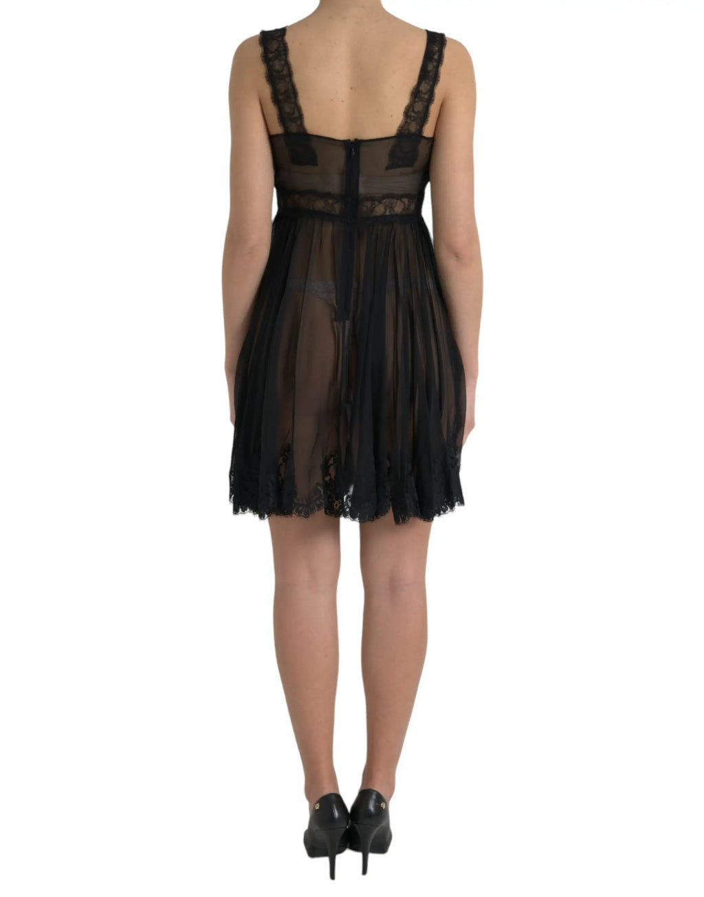 Robe mini noire en soie plissee et transparente avec bordure en dentelle et fermeture eclair au dos dolce gabbana