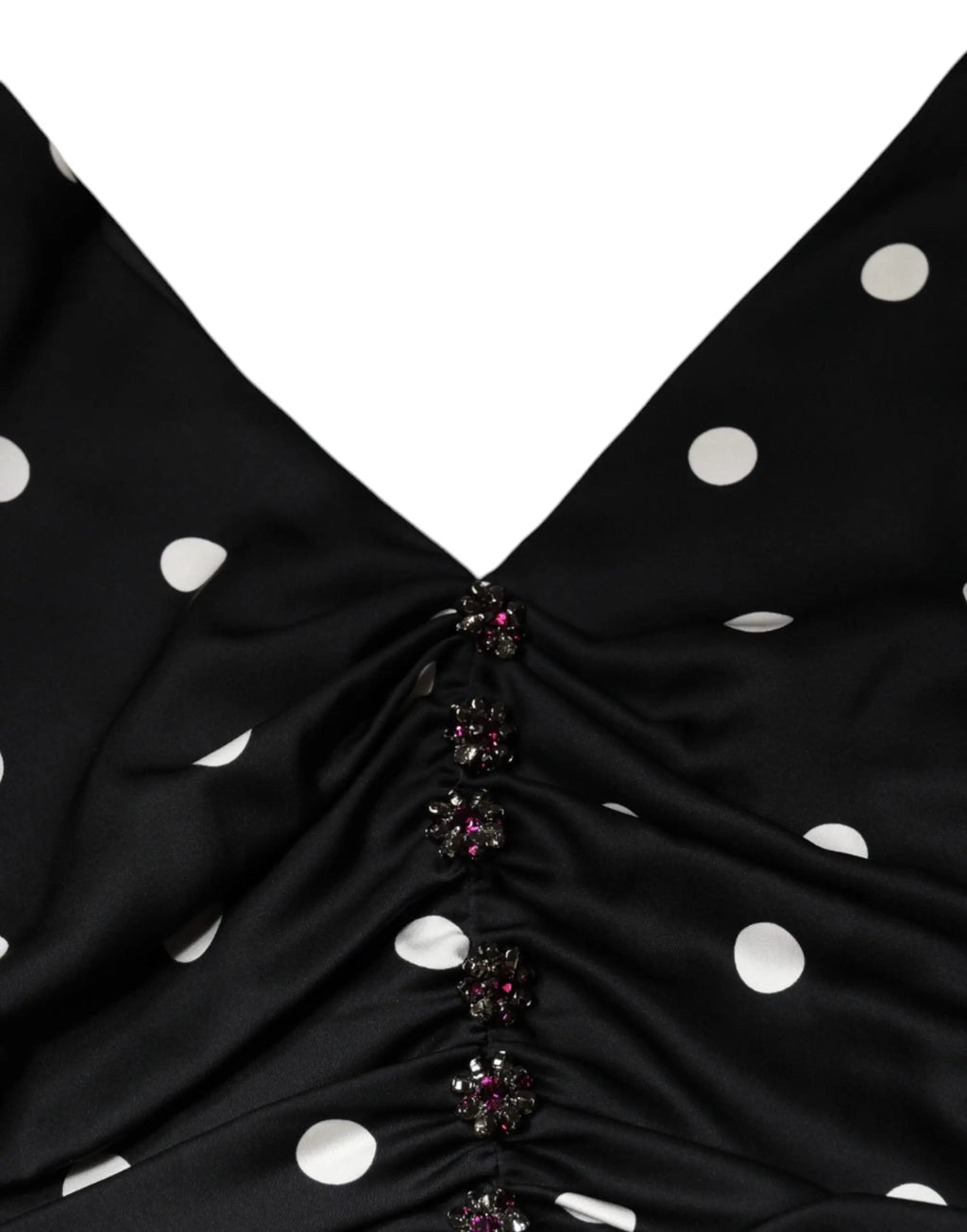 Robe midi noire en satin de soie dolce et gabbana à pois blancs avec col en v et boutons floraux étincelants