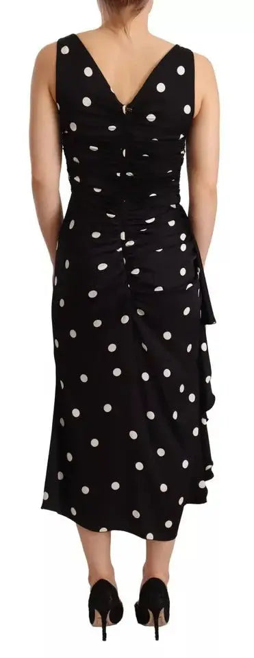 Robe midi noire dolce & gabbana en soie à pois blancs avec dos froncé vue arrière