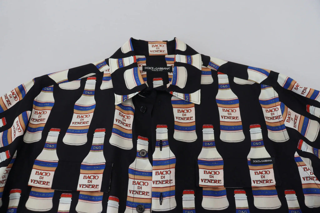 Chemise décontractée noire en soie dolce & gabbana imprimée bouteilles de vin blanc bacio di venere avec rayures colorées