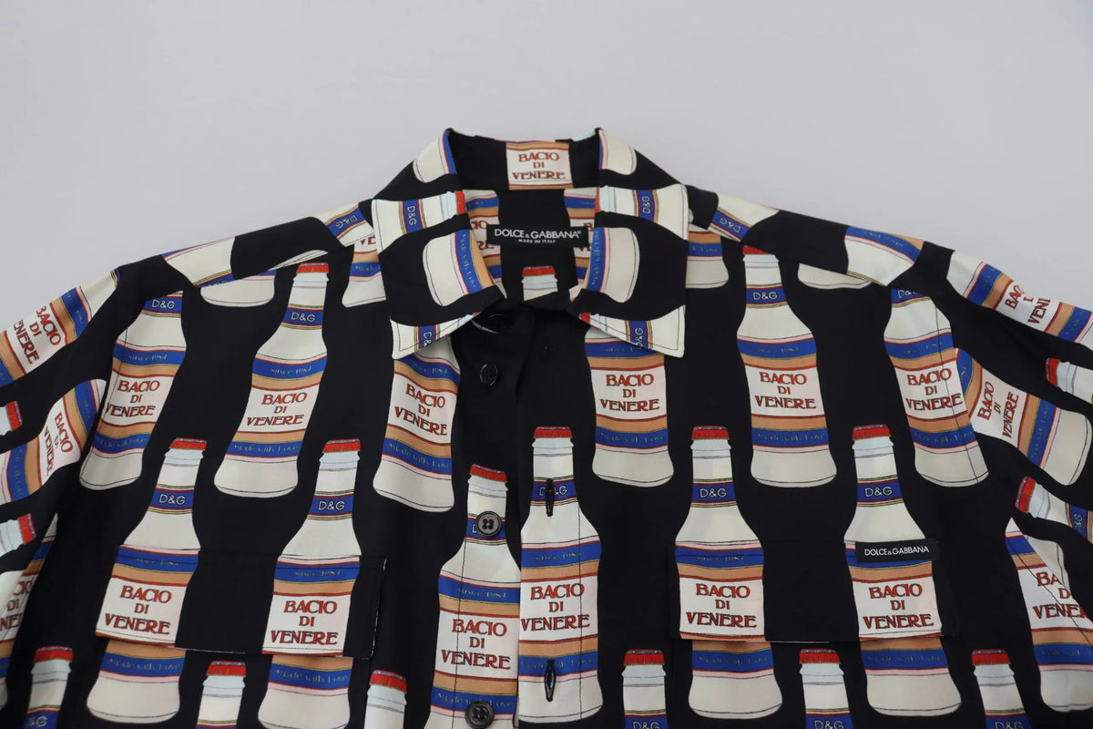 Chemise décontractée noire en soie dolce & gabbana imprimée bouteilles de vin blanc bacio di venere avec rayures colorées