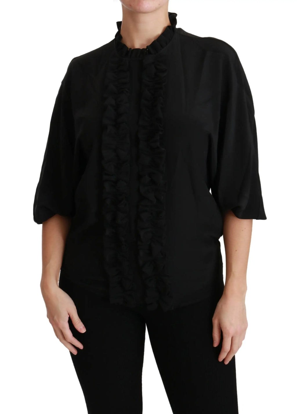 Blouse noire en soie dolce & gabbana avec volants manches trois quarts et col haut