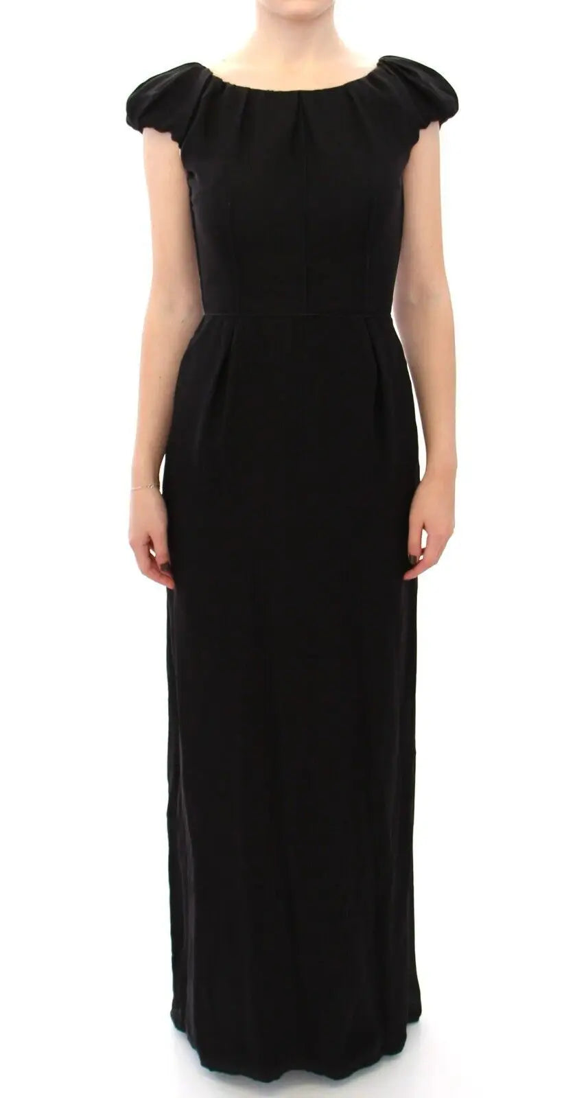 Robe longue noire élégante dolce & gabbana en soie avec manches courtes bouffantes et taille cintrée