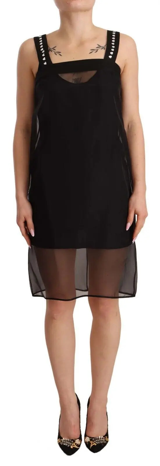 Robe mini noire dolce & gabbana en soie stretch avec bretelles perles et surcouche en maille transparente