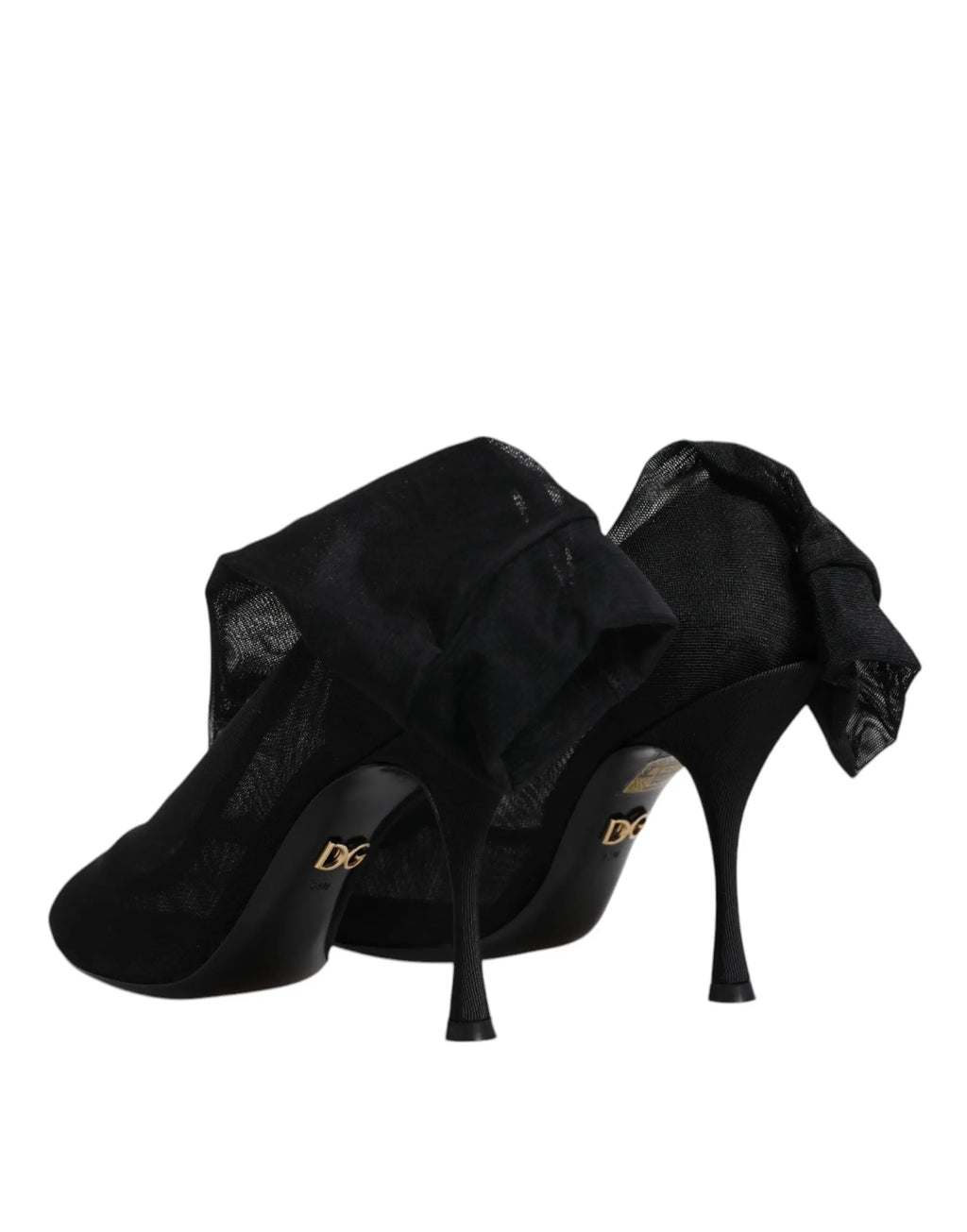 Bottes chaussettes dolce & gabbana en maille stretch en soie noire avec talons hauts et nœud décoratif en mesh transparent