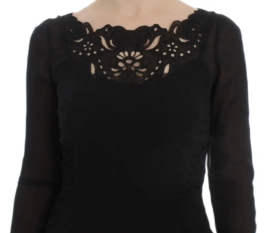 Dolce & Gabbana robe fourreau en soie noire avec haut à manches longues et dentelle florale au col